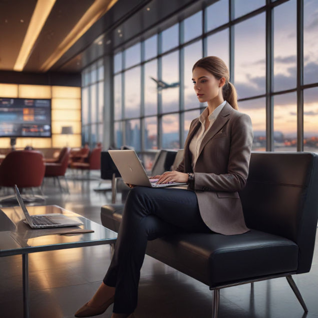 A business traveler working on a laptop in a chic airport lounge, analyzing Instagram insights.
