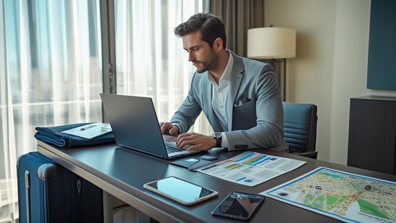 Business traveler working with contact directory and laptop in modern hotel room.