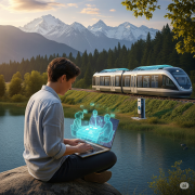 A person is sitting by a tranquil lake, working on a laptop. A holographic projection of their colleagues is visible above the keyboard. In the background, a modern, electric train travels along a track, with mountains and forests visible in the distance.