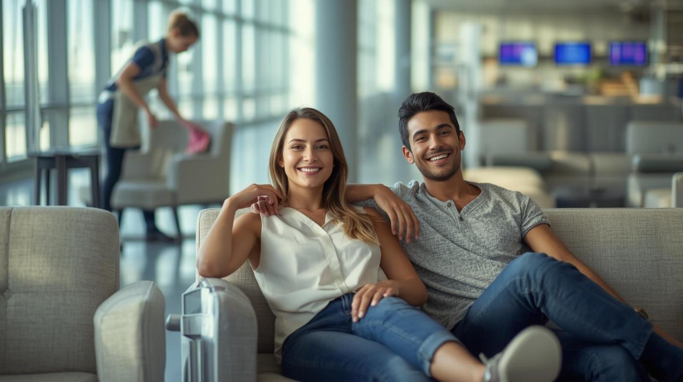 Smiling travelers relax on clean lounge couches as cleaner tidies nearby armchair.