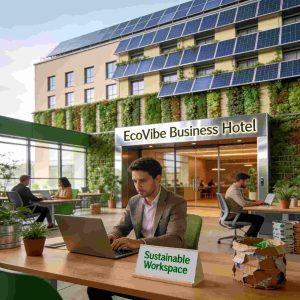 Eco-friendly business hotel with solar panels, greenery, and professional travelers working on laptops in a sustainable workspace environment