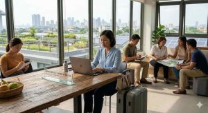 Business traveler working on laptop in a modern hotel lounge with suitcase nearby, city skyline visible, blending work and vacation atmosphere
