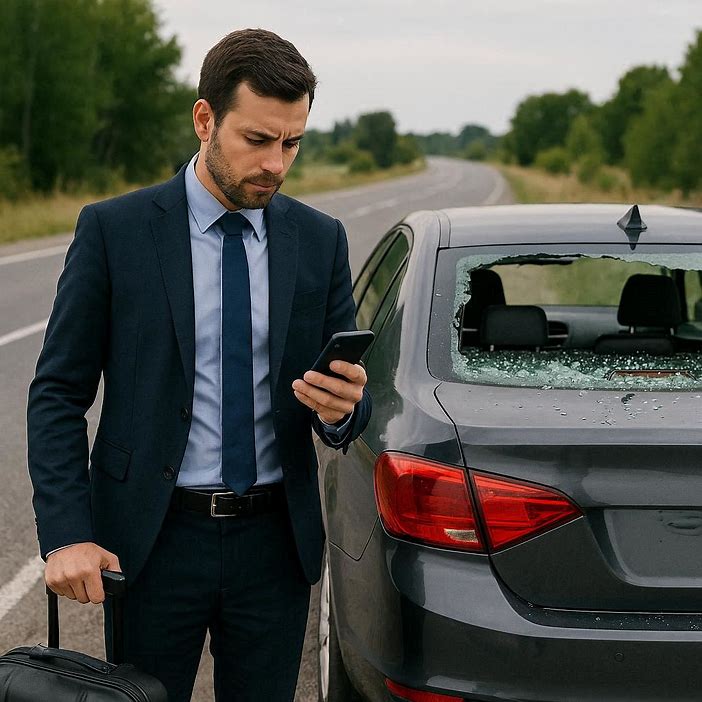 business traveler checking a phone for repair services