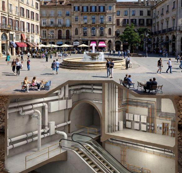 vibrant tourist plaza with hidden underground infrastructure highlighted in a cutaway view