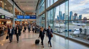 Modern regional airport in a growing business city, travelers and executives walking through terminal.