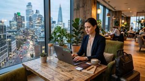 Professional business traveler working remotely from a stylish eco-friendly hotel lounge, laptop beside travel documents